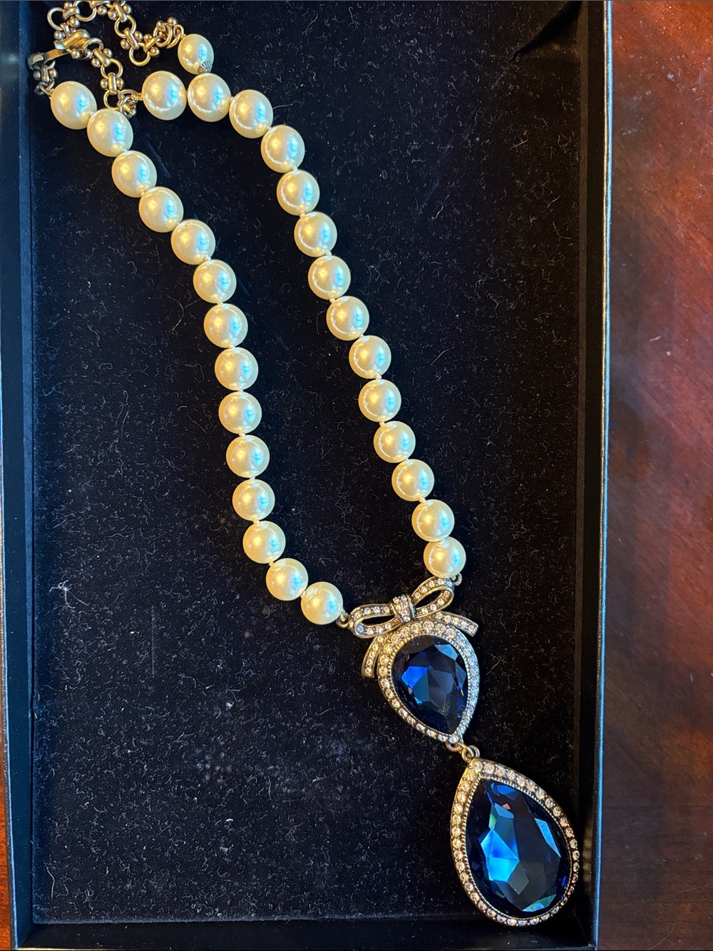 Heidi Daus Pearl Necklace with Blue Teardrop Crystal Pendant